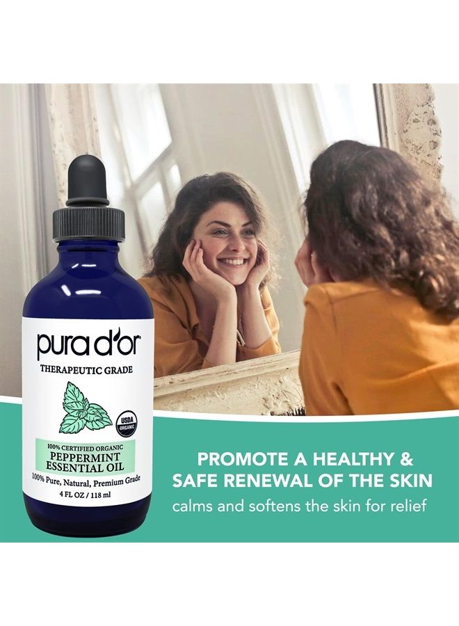 Organic Peppermint Essential Oil (4oz with Glass Dropper) 100% Pure & Natural Therapeutic Grade for Hair,Body,Skin,Aromatherapy Diffuser,Massage,Refreshens,Energy,Mood,Home,DIY Soap