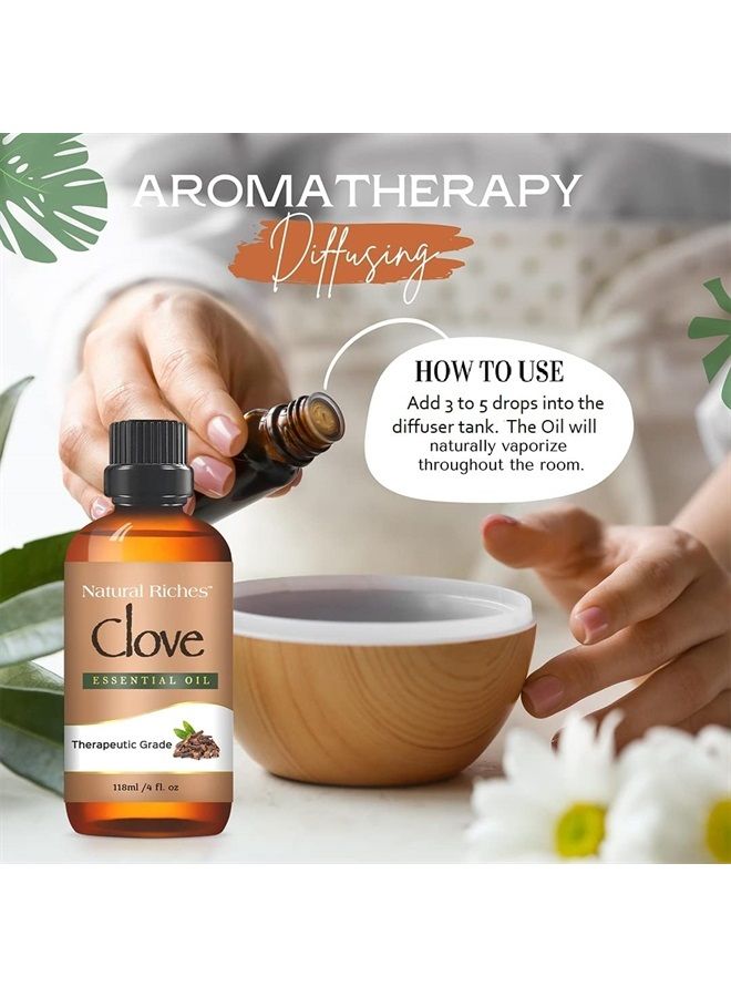 Pure Clove Essential Oil 4 Fl Oz, Therapeutic Grade for Tooth Ache Soothes Sore Muscles Clove Bud Oil Essential Oil for Teeth, Gums, Toothache, Skin Use and Hair Care.