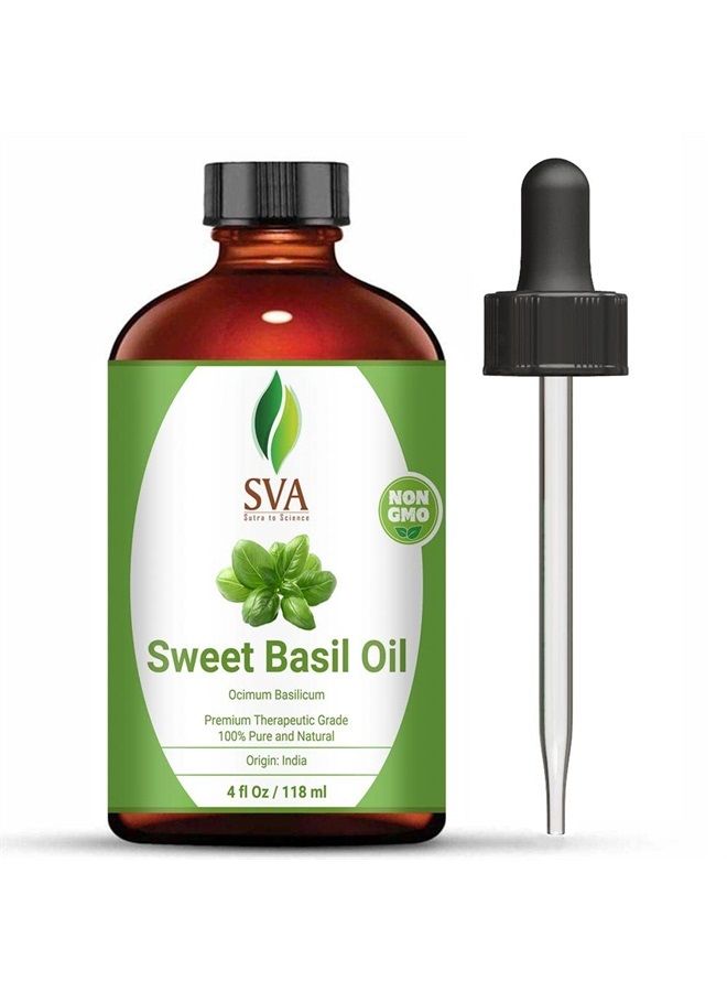 SVA Sweet Basil Oil 4 Oz - 100% Pure, Natural, Premium Therapeutic Grade for Healthy Skin, Nourished Hair, Deep Body Massage, Diffuser & Aromatherapy
