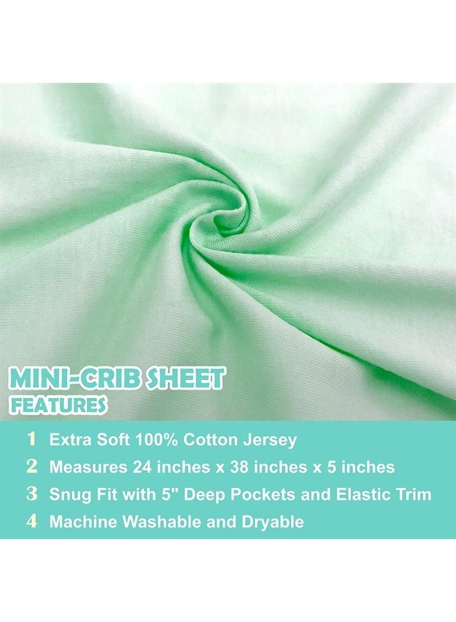100% Natural Cotton Value Jersey Knit Fitted Portable/Mini-Crib Sheet, Mint, Soft Breathable, for Boys and Girls, Pack of 2