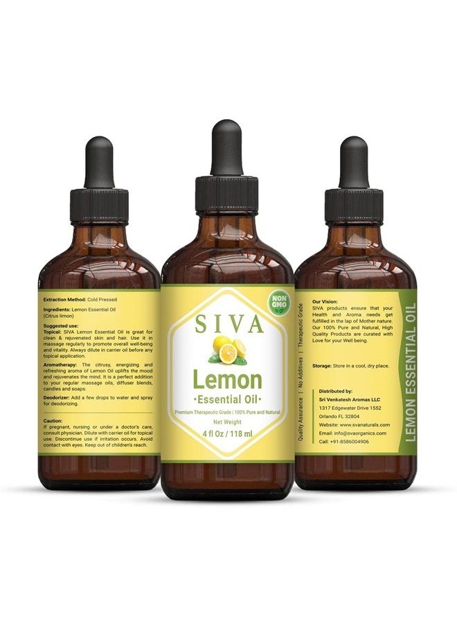 Siva Lemon Essential Oil 4 Fl Oz with Premium Glass Dropper – 100% Pure, Natural, Undiluted & Therapeutic Grade, Perfect for Skincare, Hair Care, Aromatherapy, Diffuser & Refreshing Aroma