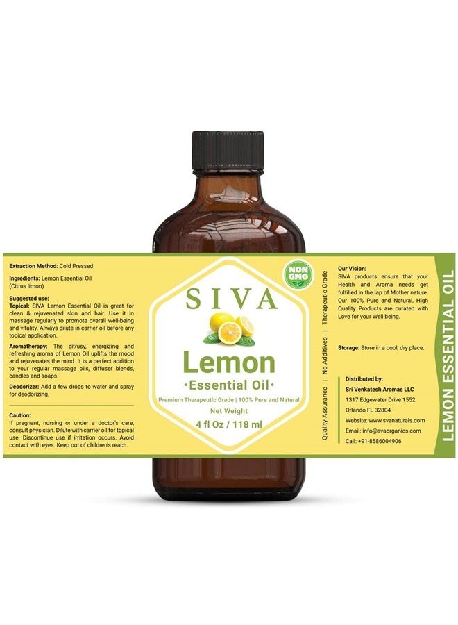Siva Lemon Essential Oil 4 Fl Oz with Premium Glass Dropper – 100% Pure, Natural, Undiluted & Therapeutic Grade, Perfect for Skincare, Hair Care, Aromatherapy, Diffuser & Refreshing Aroma