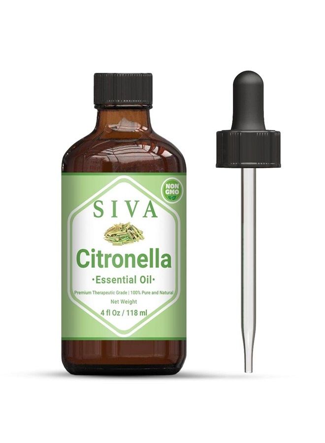 Siva Citronella Essential Oil 4 Fl Oz with Premium Glass Dropper – 100% Pure, Natural, Undiluted & Therapeutic Grade, Amazing for Nourished Skin, Moisturized Hair, Diffuser, Massage & Aromatherapy