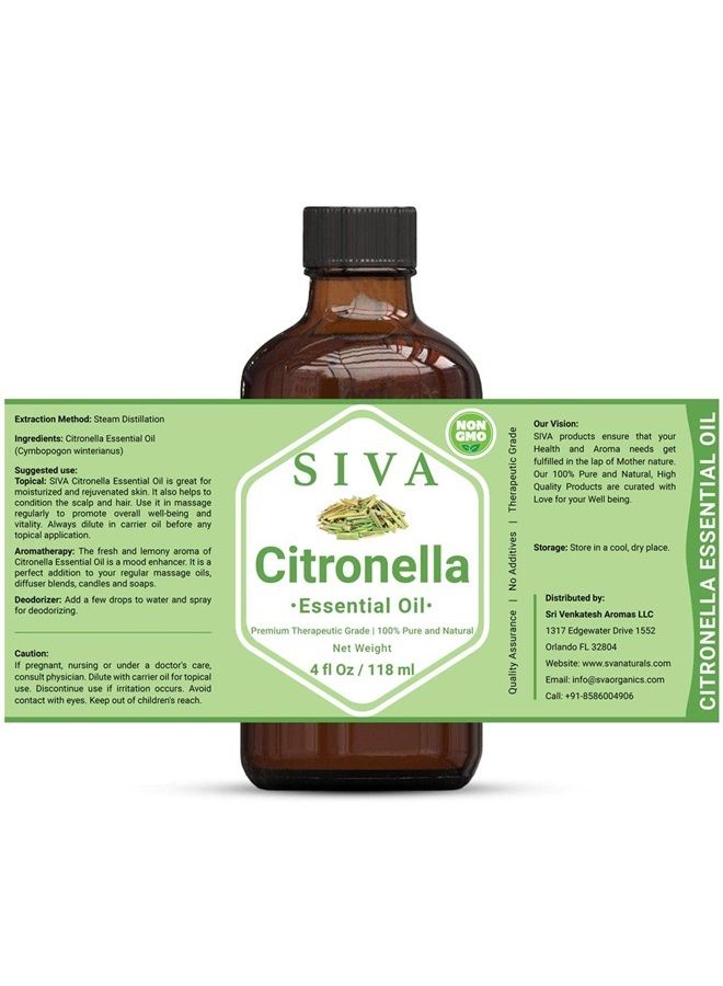 Siva Citronella Essential Oil 4 Fl Oz with Premium Glass Dropper – 100% Pure, Natural, Undiluted & Therapeutic Grade, Amazing for Nourished Skin, Moisturized Hair, Diffuser, Massage & Aromatherapy