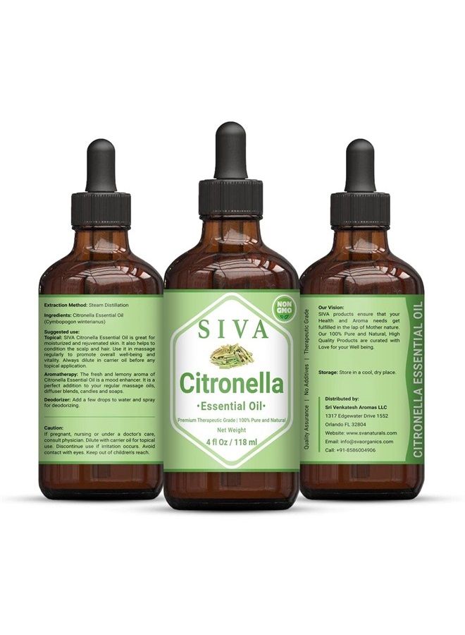 Siva Citronella Essential Oil 4 Fl Oz with Premium Glass Dropper – 100% Pure, Natural, Undiluted & Therapeutic Grade, Amazing for Nourished Skin, Moisturized Hair, Diffuser, Massage & Aromatherapy