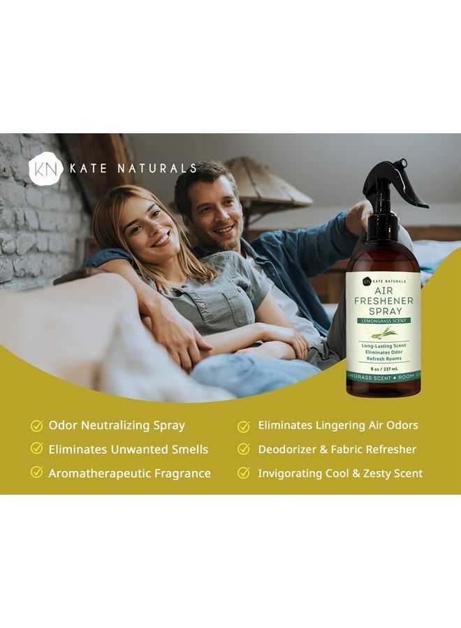 Air Freshener Spray Lemongrass Scent - Kate Naturals (8 fl oz). Sharp Lemongrass Aroma & Odor Eliminator for Pillows, Linen & Room Spray with Essential Oils. Fabric Refresher Spray for Bedding
