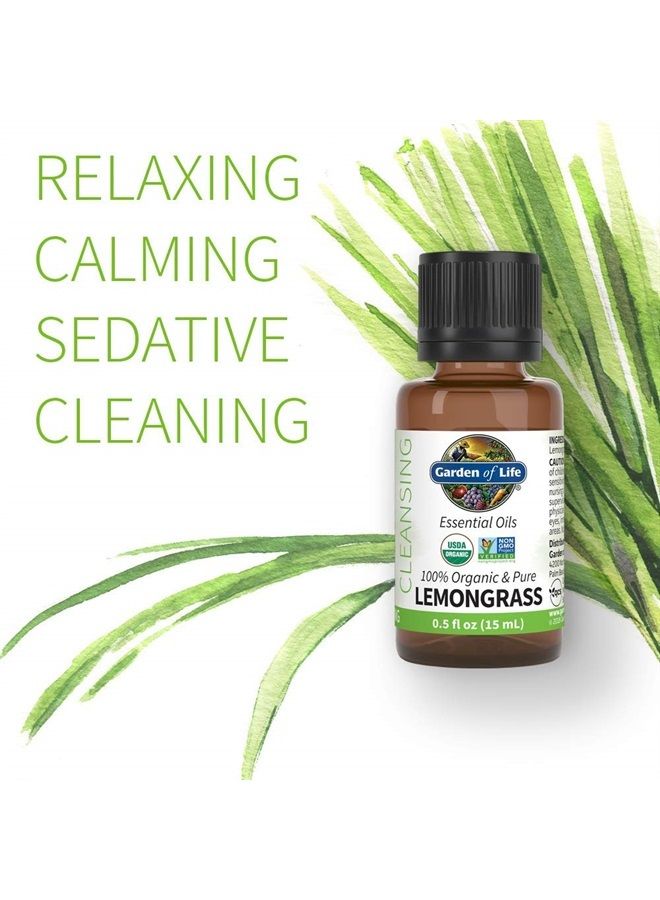 Essential Oil, USDA Organic & Pure, Clean, Undiluted & Non-GMO, for Diffuser, Aromatherapy, Meditation, Cleansing, Relaxing, Calming, Lemongrass, 0.5 Fl Oz