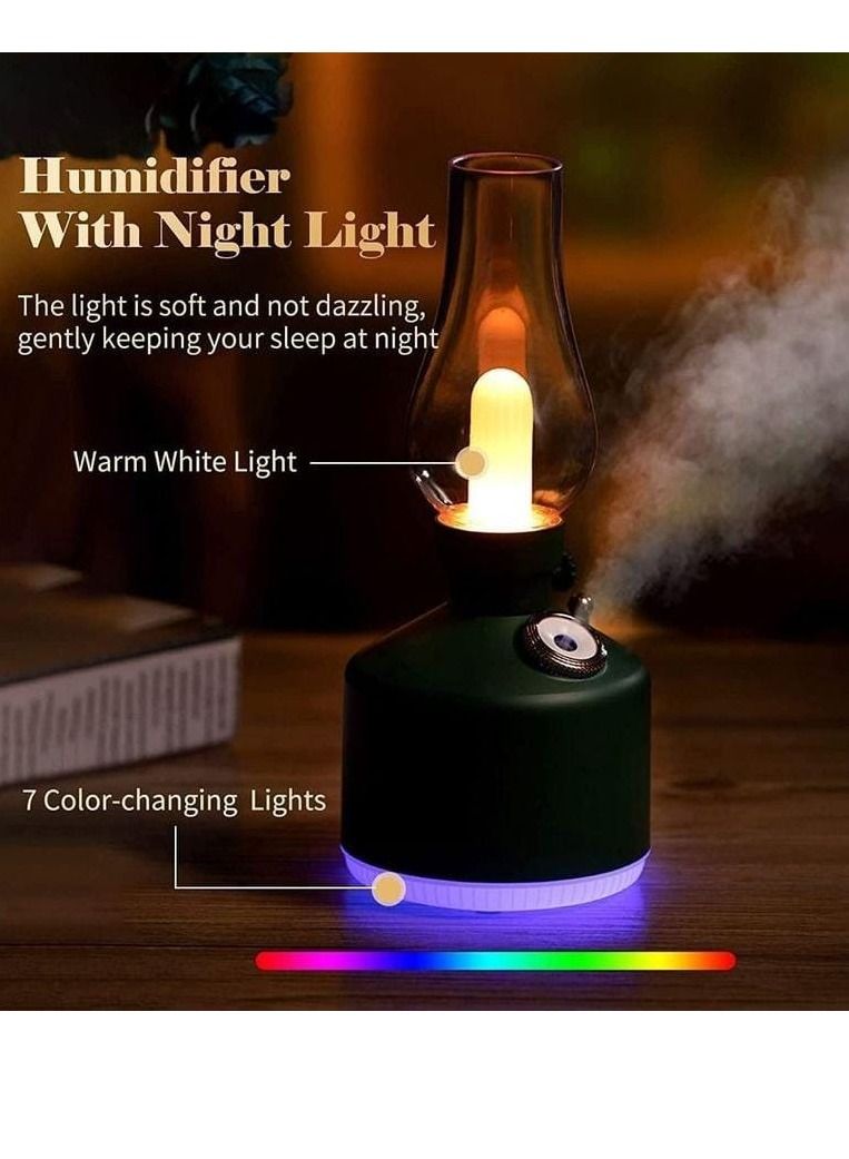 Cool Mist Retro Table Lamp LED Desk Lamp with Humidifier Reading Study Computer Lamp Air Purifying USB Rechargeable Night Light Dimmable Vintage Kerosene Lamp for Bedroom (Black)