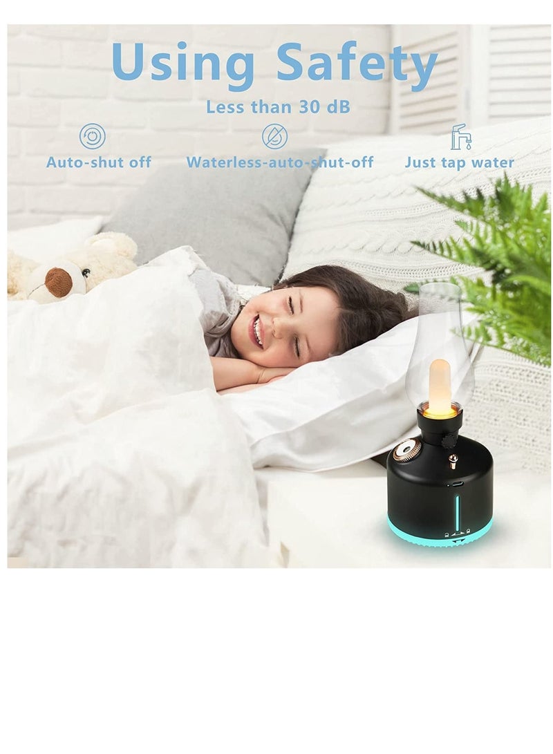 Cool Mist Retro Table Lamp LED Desk Lamp with Humidifier Reading Study Computer Lamp Air Purifying USB Rechargeable Night Light Dimmable Vintage Kerosene Lamp for Bedroom (Black)