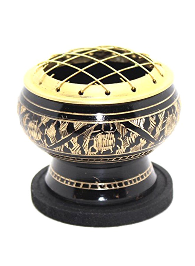 Small Decorated Brass Charcoal Screen Incense Burner With Wooden Coaster