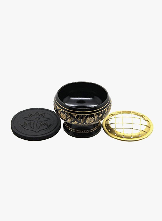 Small Decorated Brass Charcoal Screen Incense Burner With Wooden Coaster