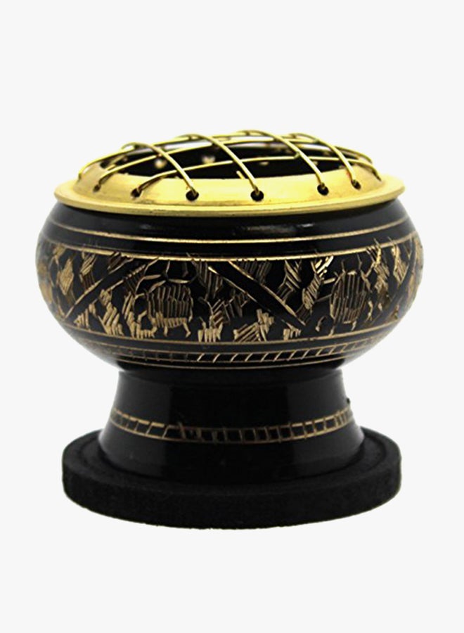 Small Decorated Brass Charcoal Screen Incense Burner With Wooden Coaster