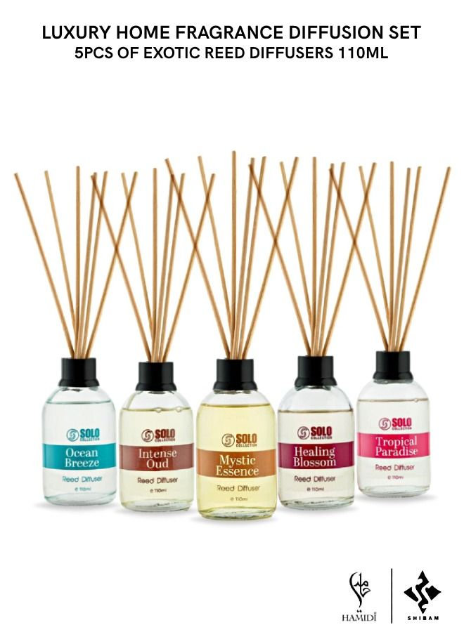 Luxury Home Fragrance Reed Diffuser Set - 5pcs of Exotic Reed Diffusers/Humidifiers 110ml (assorted)