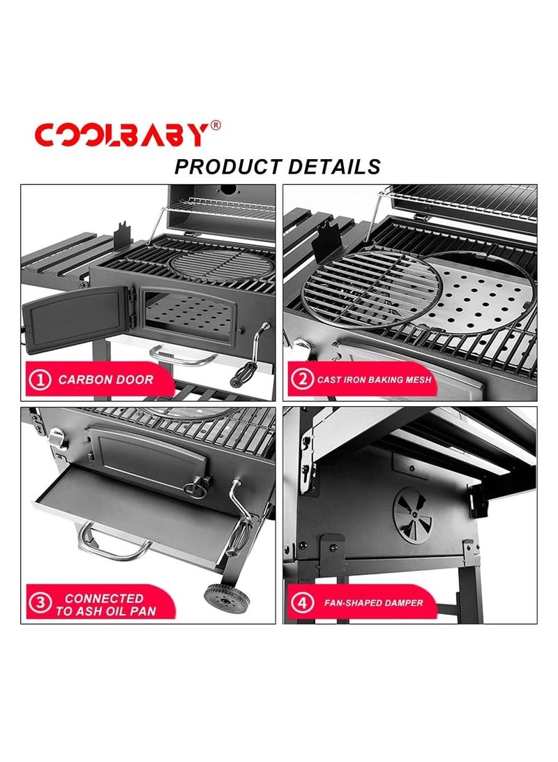 COOLBABY Trolley Charcoal Barbecue Grill A Picnic BBQ Outdoor Patio Garden with Side Trays and Storage Shelf Barbecue Pits