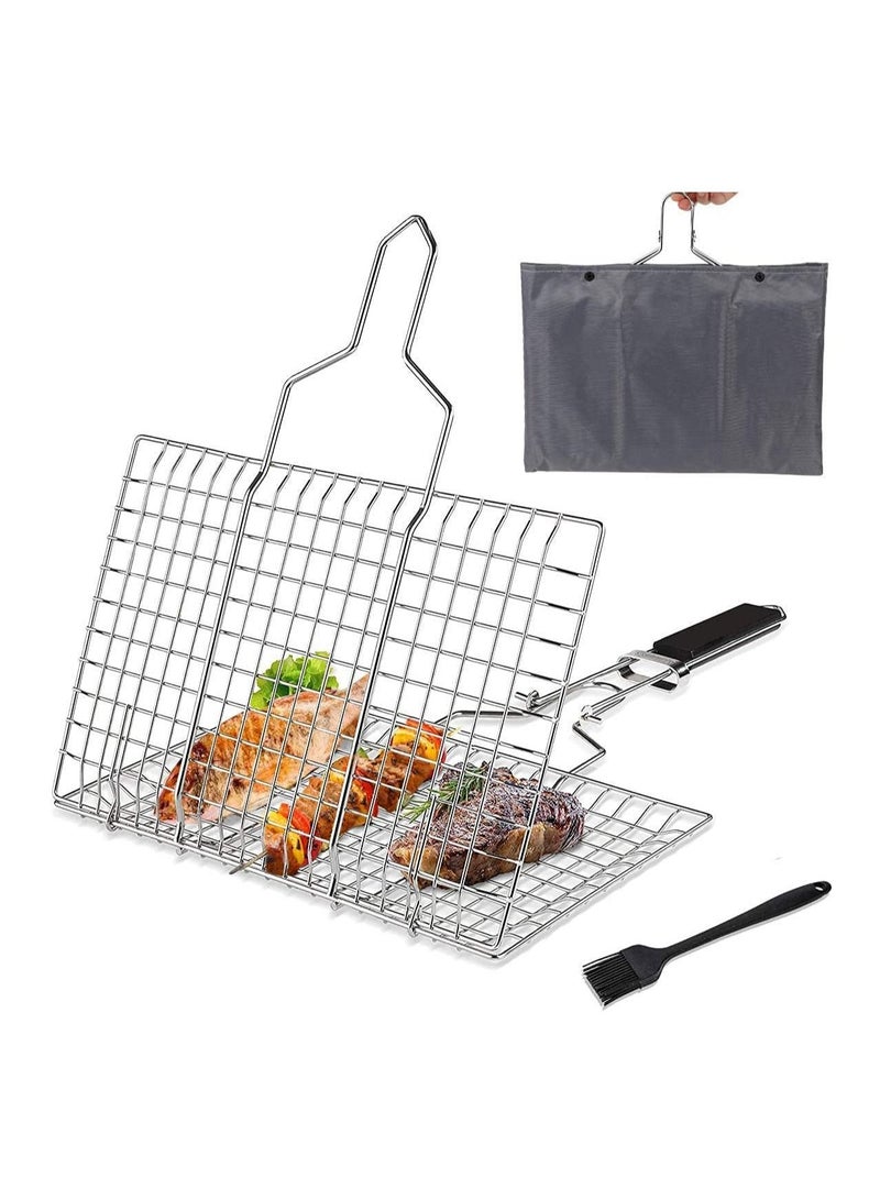 BBQ Grilling Basket, Foldable Stainless Steel Barbecue Grill Basket for Fish Vegetables Shrimp with Removable Handle, Basting Brush and Storage Bag 32x22cm