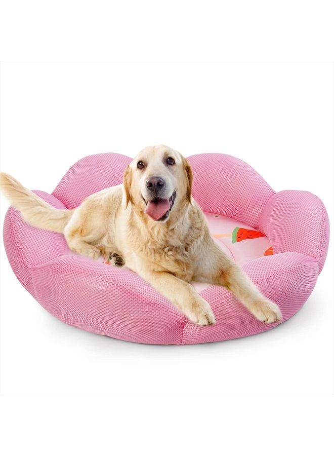 Cooling Dog Bed, Soft Summer Ice Pet Pad Cushion for Small Medium Dog Sleeping, Round Breathable Mat with Waterproof Cover and Bottom, Non-Slip Back Washable Pink 24