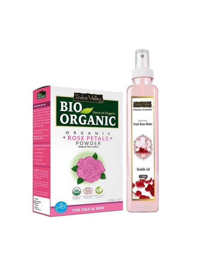 Organic Rose Petals Powder ; Rosa Indica With Fresh Rose Water (Facial Toner) For Skin Care 250Ml+ 100G