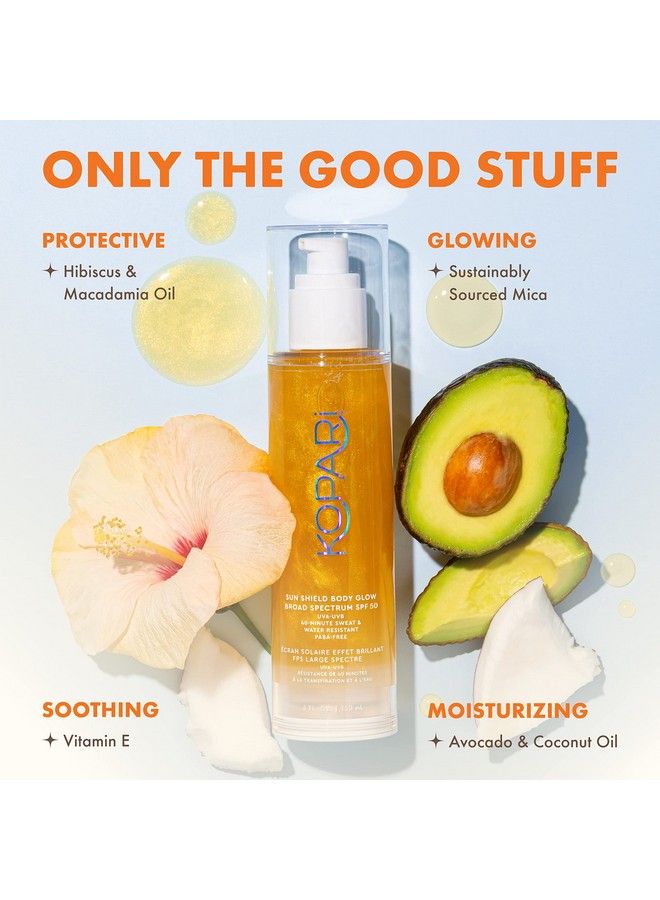 Sun Shield Body Glow | Spf 50 Uv Protection Sheer Sunscreen Gold Shimmer Mica | Sweat And Water Resistant | Antioxidant Vitamin E Vegan Cruelty Free | Macadamia Hibiscus Avocado Coconut Oils
