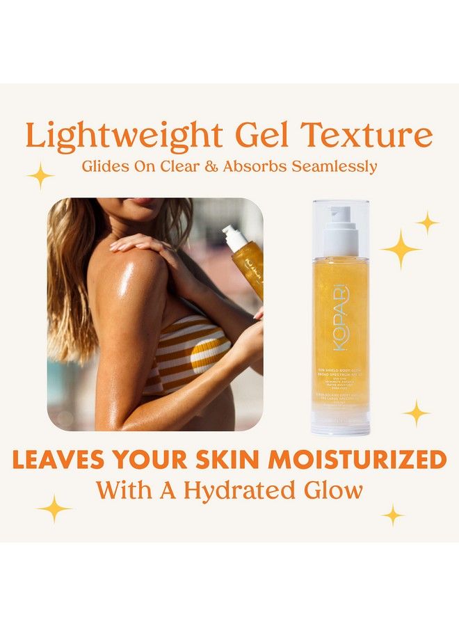 Sun Shield Body Glow | Spf 50 Uv Protection Sheer Sunscreen Gold Shimmer Mica | Sweat And Water Resistant | Antioxidant Vitamin E Vegan Cruelty Free | Macadamia Hibiscus Avocado Coconut Oils