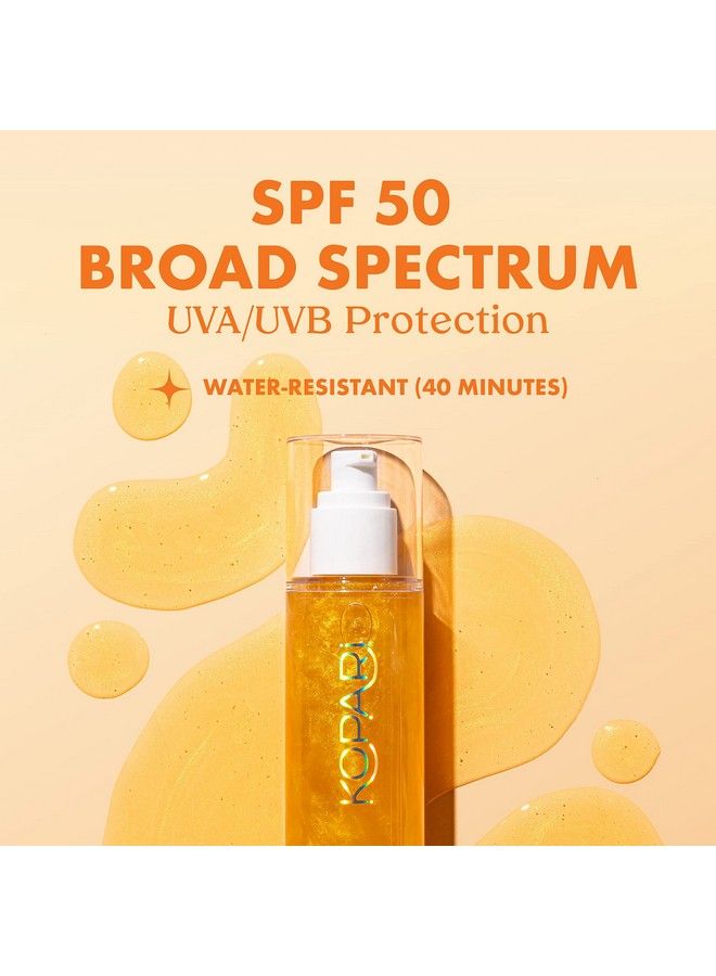 Sun Shield Body Glow | Spf 50 Uv Protection Sheer Sunscreen Gold Shimmer Mica | Sweat And Water Resistant | Antioxidant Vitamin E Vegan Cruelty Free | Macadamia Hibiscus Avocado Coconut Oils