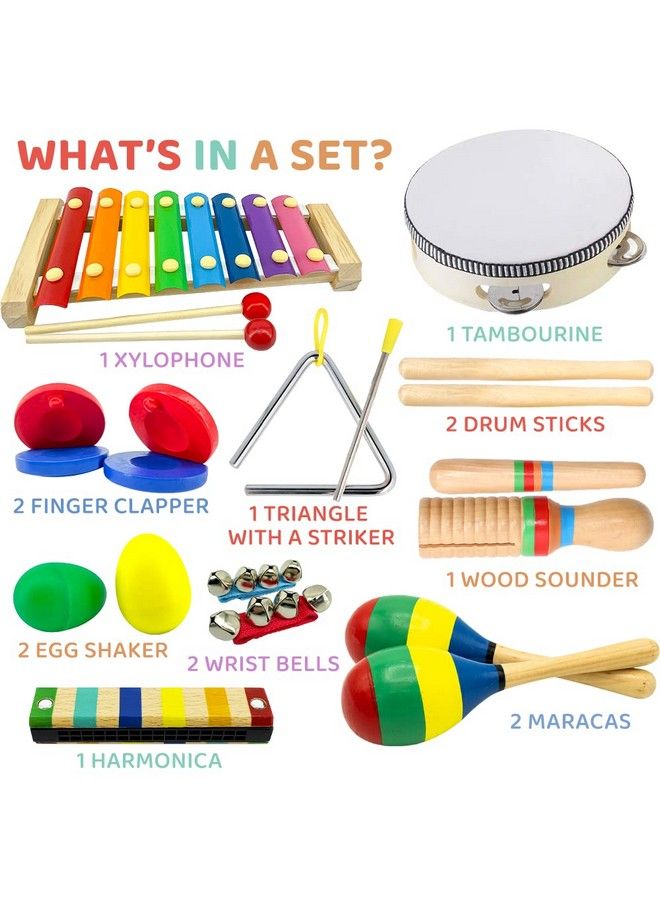 Kids Musical Instruments Set 19 Pcs For Toddler Ages 35 Baby Wooden Percussion Musical Toys For Little Boys & Girls 912 Years Old With Xylophone And Maracas To Play In First Mini Band