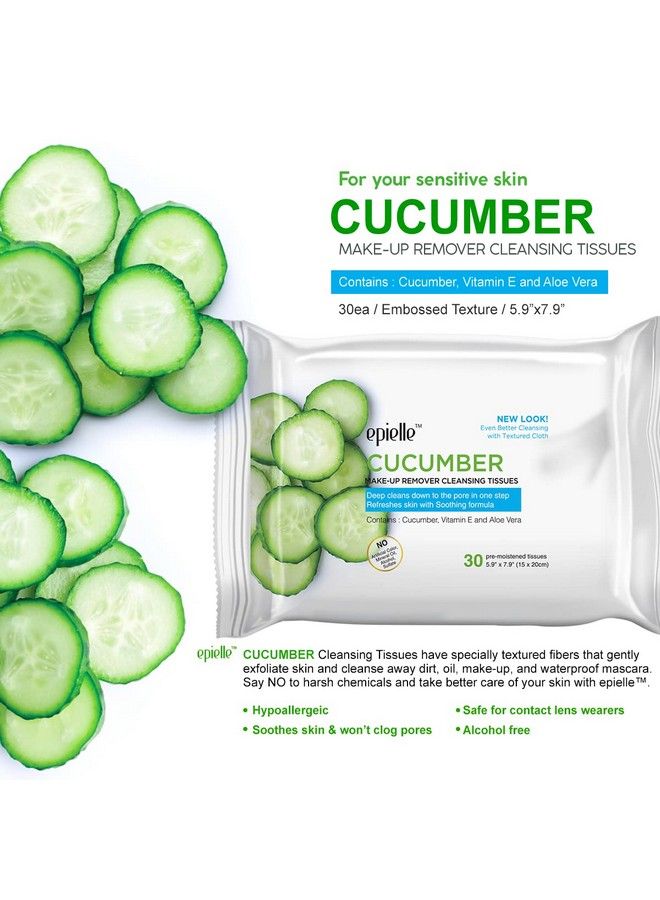 New Makeup Remover Cleansing Wipes Tissue Cucumber 30 Count 6 Pack ; Gentle For All Skin Types Daily Facial Cleansing Towelettes Removes Dirt Oil Makeup (Cucumber) Beauty Stocking Stuffers Gift