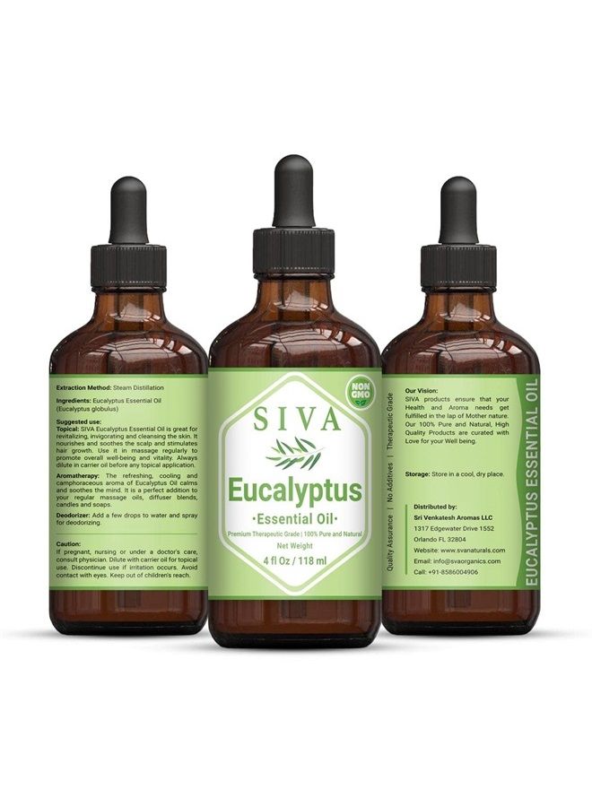 Siva Eucalyptus Essential Oil 4 Fl Oz with Premium Glass Dropper – 100% Pure, Natural, Undiluted, Therapeutic Grade, Great for Rejuvenated Skin, Hair Care, Diffuser, Aromatherapy, Soaps & Candles