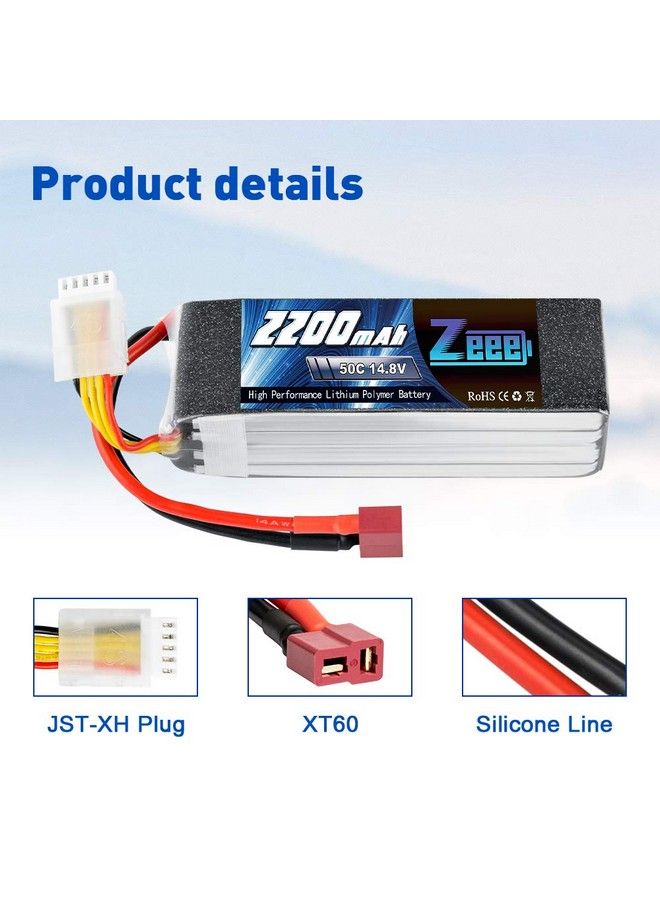 14.8V 2200Mah 50C 4S Lipo Battery With Deans T Connector For Rc Car Boat Truck Helicopter Airplane Uav Drone Fpv Rc Hobby (2 Pack)