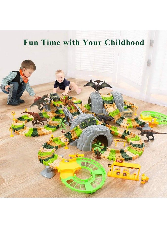 Dinosaur Train Toys For Kids Longer Track 6 Realistic Jurassic Dino Figures 2 Electric Toy Car Twisted Flexible Train Track Set For Toddlers Boys & Girls 3 4 5 6 7 Years