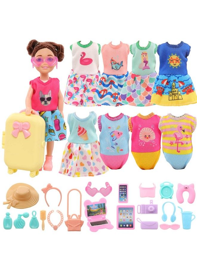 27 Pcs Doll Suitcase Luggage Travel Clothes And Accessories For 6 Inch Dolls Including 1 Suitcase 6 Clothes 1 Glasses 19 Travel Accessories