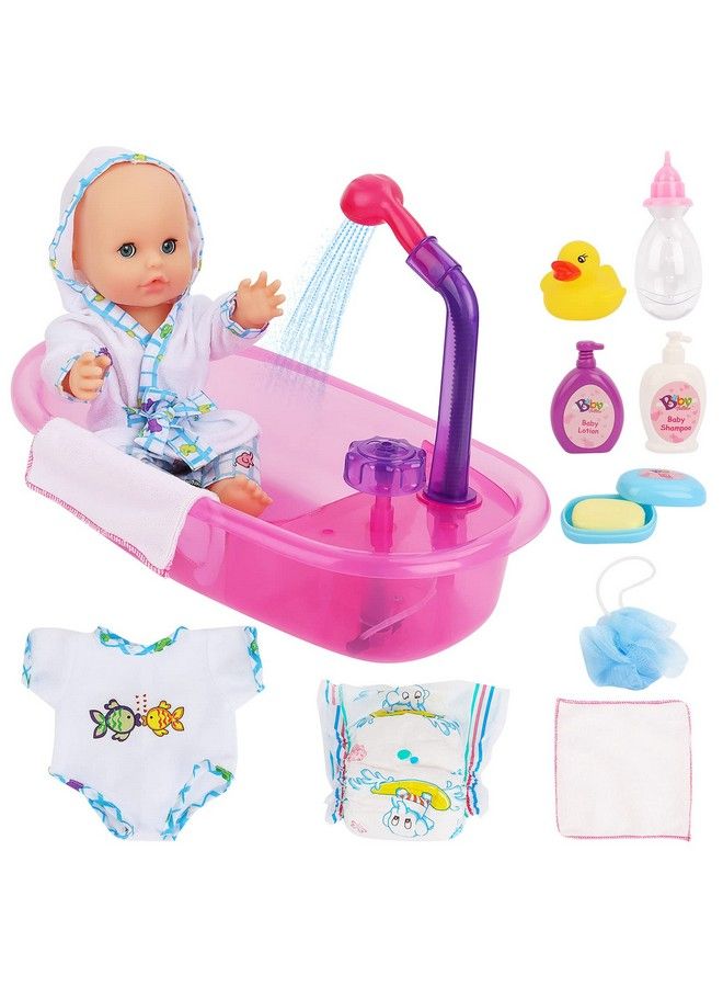 Baby Doll Set With Bathtub11Pcs Newborn Doll Bath Set Real Working Bathtub With Detachable Shower Spraytoy Gift Set For 3+ Years Old Kids