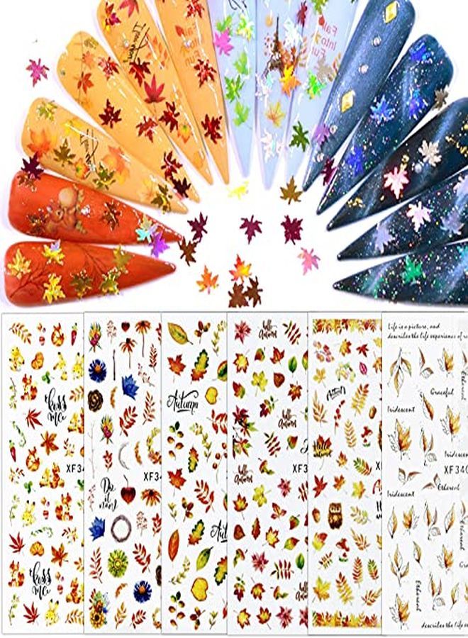 Fall Nail Art Stickers Maple Leaf Nail Sequins Autumn Nail Decals Leaves Confetti Nail Glitter Flakes For Thanksgiving Acrylic Nails Design Decor