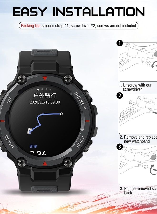 Sport Strap Compatible with Huami Amazfit T-Rex/T-Rex Pro, Soft Silicone Watch Band Adjustable Wristband Replacement Watchband with Tools, Dark Gray