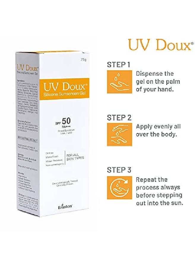 Healthcare Uvdoux Face Body Sunscreen Gel With Spf 50 Pa+++ In Matte Finish And Oil Free Formula| Water Resistant Sunscreen| Protection Against Uva/Uvb Rays (75 Gm)