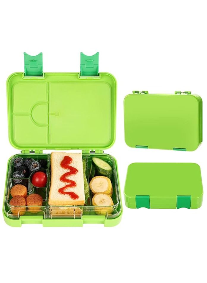 Children's Bento Box-Bento Lunch Box with 6 Compartments - Leak-Proof Lunch Box for Boys, Girls, BPA-Free, Microwave Dishwasher Safe, Lunch Box for School (Green)