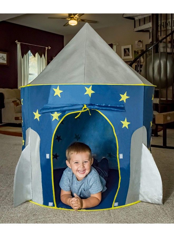 Rocket Ship Tent Space Themed Pretend Play Tent Space Play House Spaceship Tent For Kids Foldable Pop Up Star Play Tent Blue