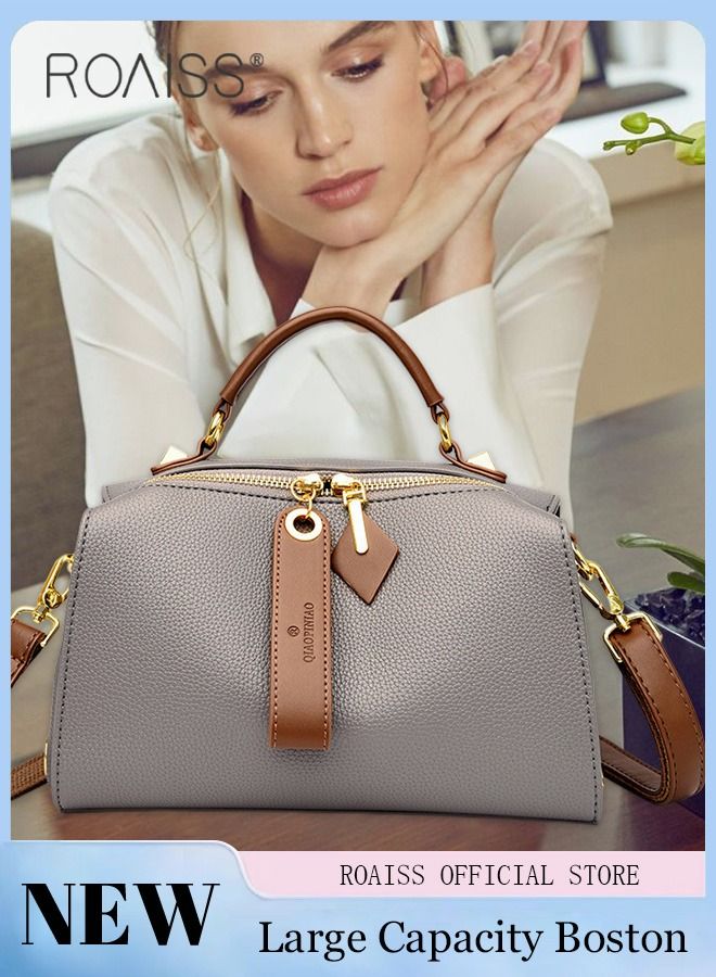 Women's New Fashion Bags Soft Leather Simple Classic Crossbody Bag Double Layer Compartment Zippers Closure Handbag Boston Bag