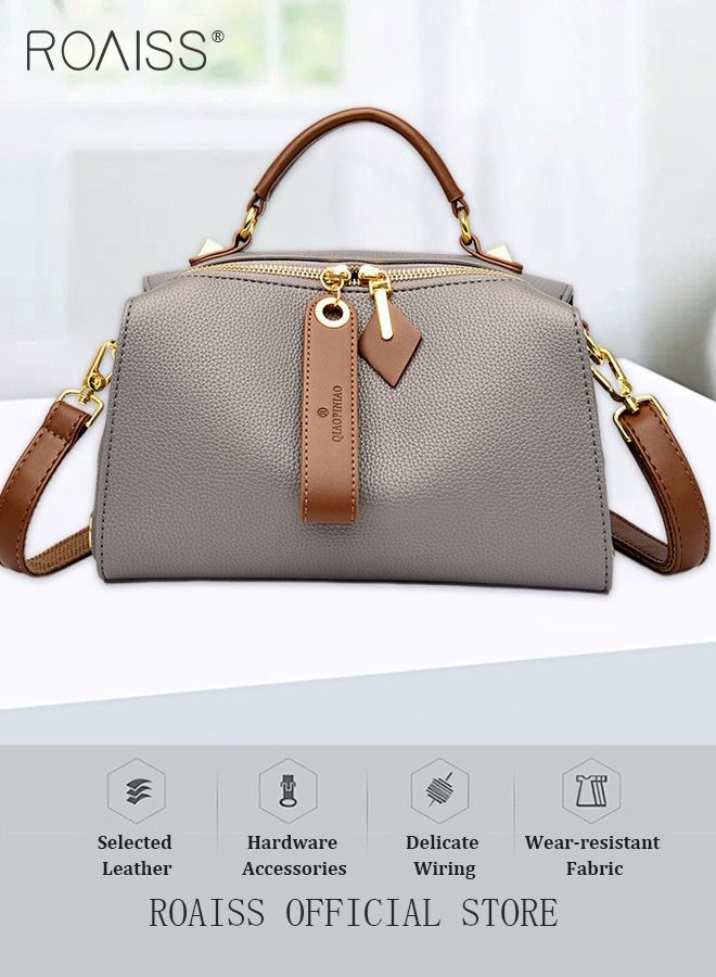 Women's New Fashion Bags Soft Leather Simple Classic Crossbody Bag Double Layer Compartment Zippers Closure Handbag Boston Bag