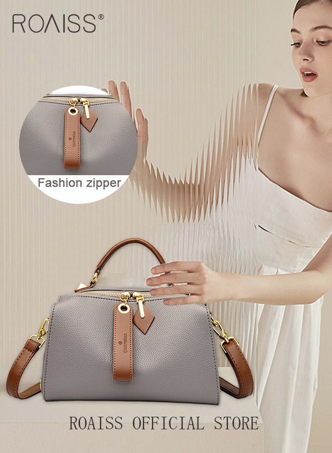 Women's New Fashion Bags Soft Leather Simple Classic Crossbody Bag Double Layer Compartment Zippers Closure Handbag Boston Bag