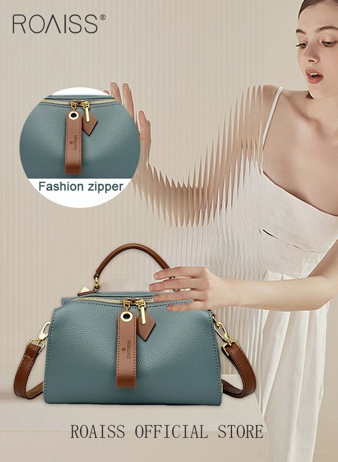 Women's New Fashion Bags Soft Leather Simple Classic Crossbody Bag Double Layer Compartment Zippers Closure Handbag Boston Bag