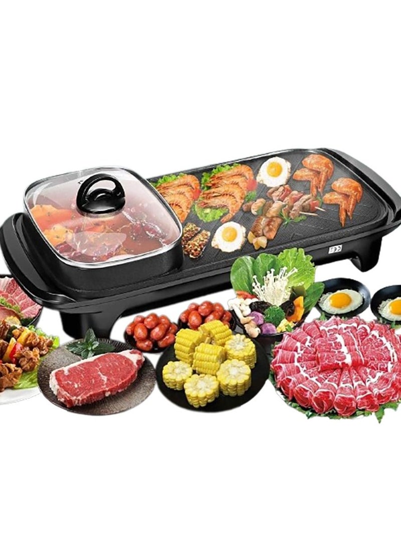 3 in 1 Electric BBQ Grill Hot Pot Shabu Shabu Hot Pot,220V/ 2000W, Smokeless, Non Stick Roasting Pans, Temperature Control Hotpot Grill, Suitable for 2-6 People Gatherings