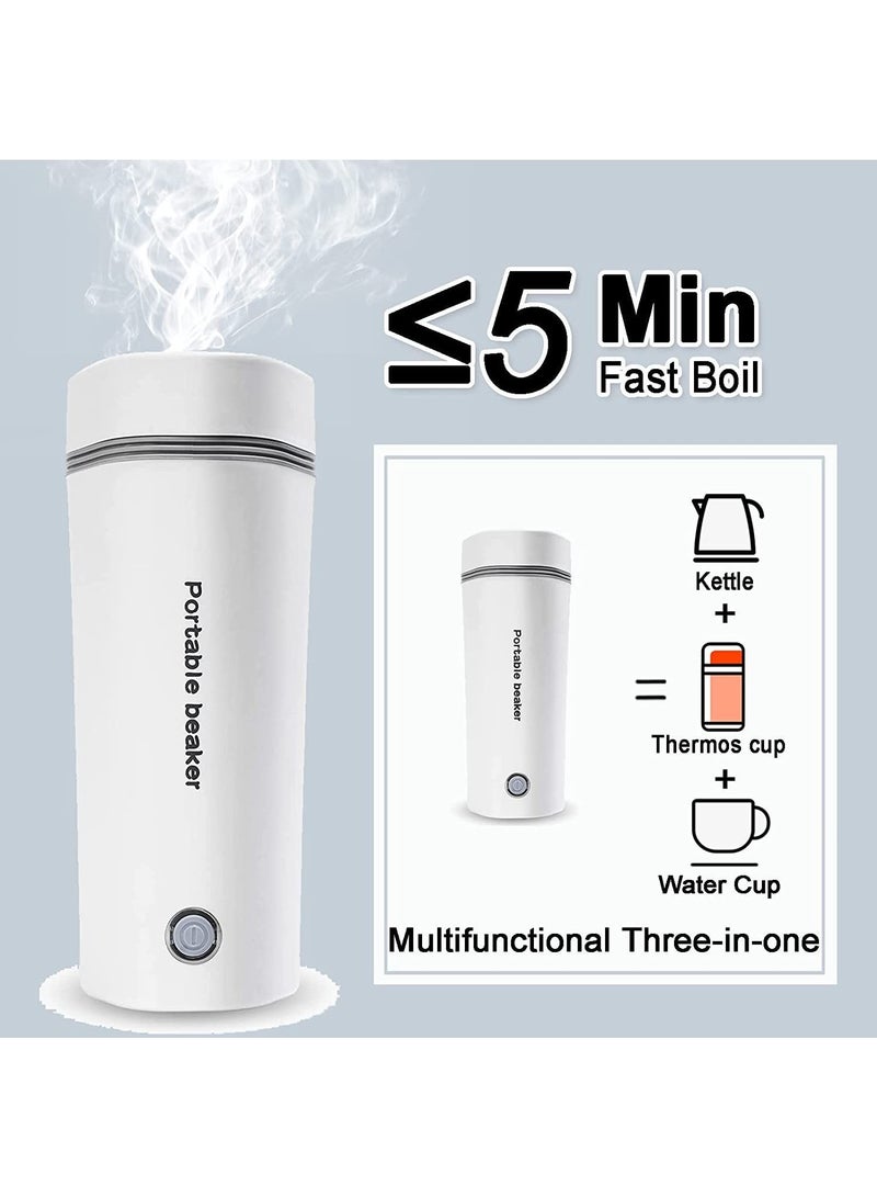 Portable Electric Kettle Stainless Steel Liner Travel Electric Cup Household Mini Heating Teapot Quick Cooking Single Cup Water Heater 350ml Thermos Bottle (White)