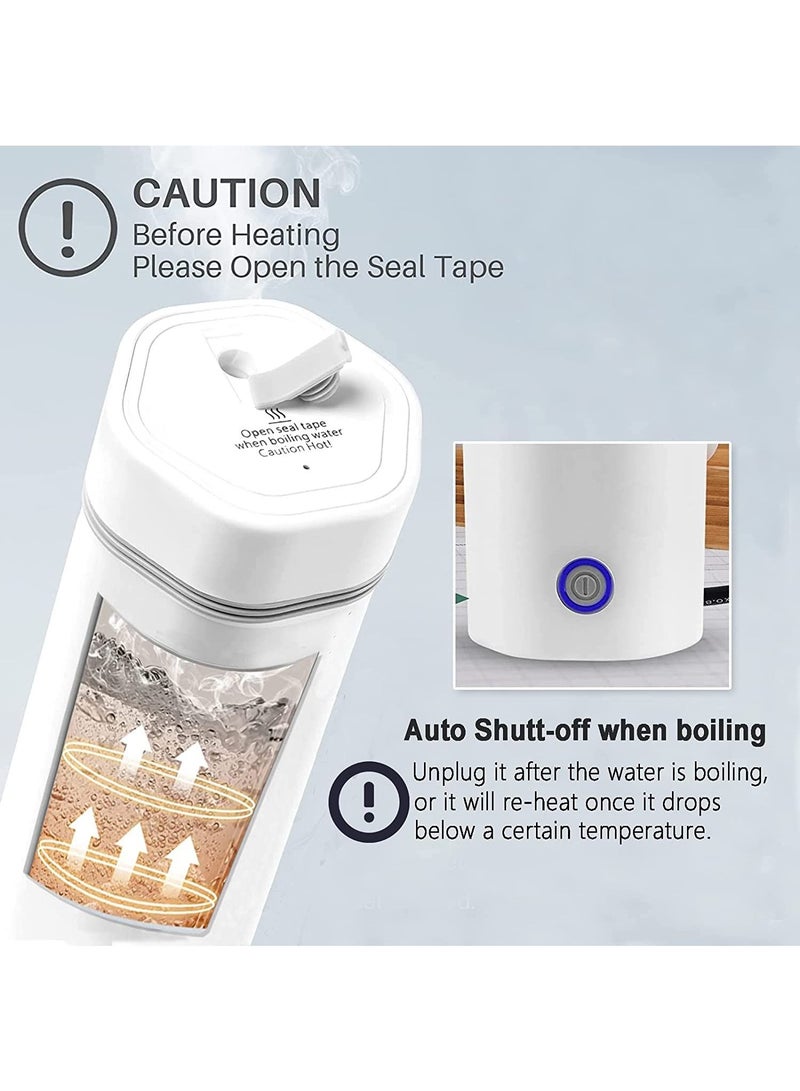 Portable Electric Kettle Stainless Steel Liner Travel Electric Cup Household Mini Heating Teapot Quick Cooking Single Cup Water Heater 350ml Thermos Bottle (White)