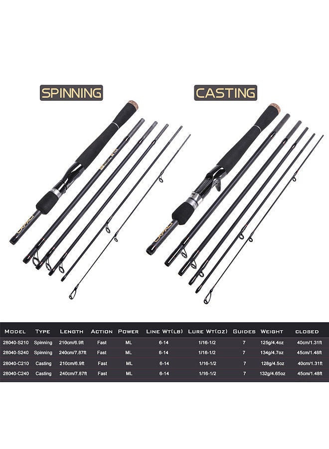 2.4m 6 Sections Carbon Spinning Fishing Rod Lure Fishing Rod Hand Pole Fishing Tackle