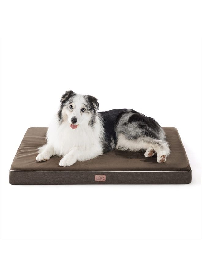 Memory Foam Dog Bed for Large Dogs - Orthopedic Waterproof Dog Bed for Crate with Removable Washable Cover and Nonskid Bottom - Plush Flannel Fleece Top Pet Bed, Brown