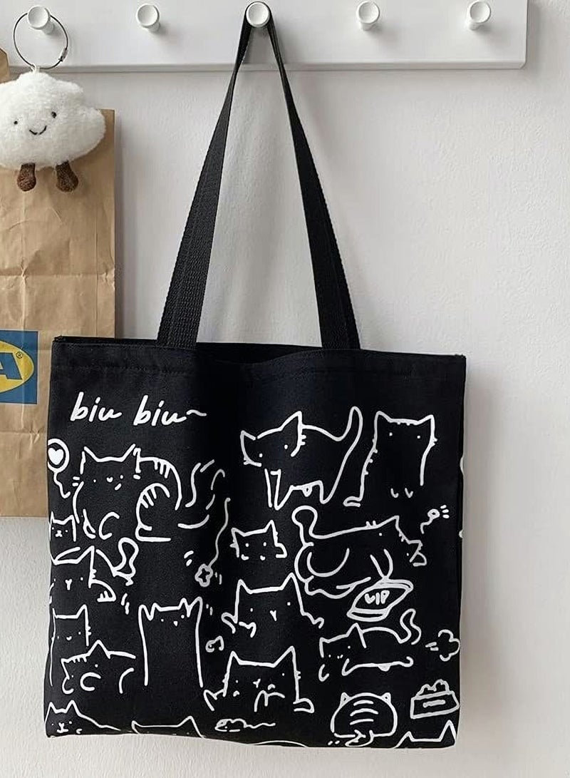 Cat Canvas Tote Bag, Large Cute Tote Bag for Women with Zip, Cotton Reusable Shopping Bag with Pocket, Shopper Bag Cat Lovers Gift