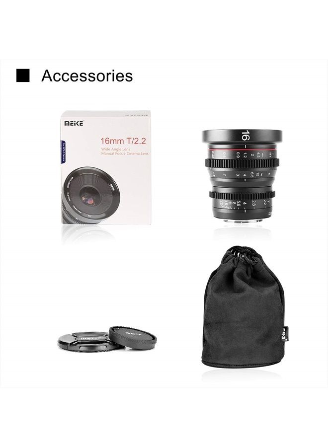 16mm T2.2 Manual Focus Wide Angle Fixed Prime Cinema Lens for M43 Micro Four Thirds MFT Mount Cameras and Cinema Camera BMPCC