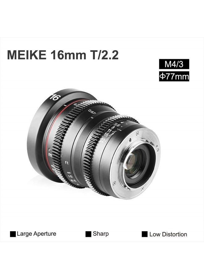 16mm T2.2 Manual Focus Wide Angle Fixed Prime Cinema Lens for M43 Micro Four Thirds MFT Mount Cameras and Cinema Camera BMPCC