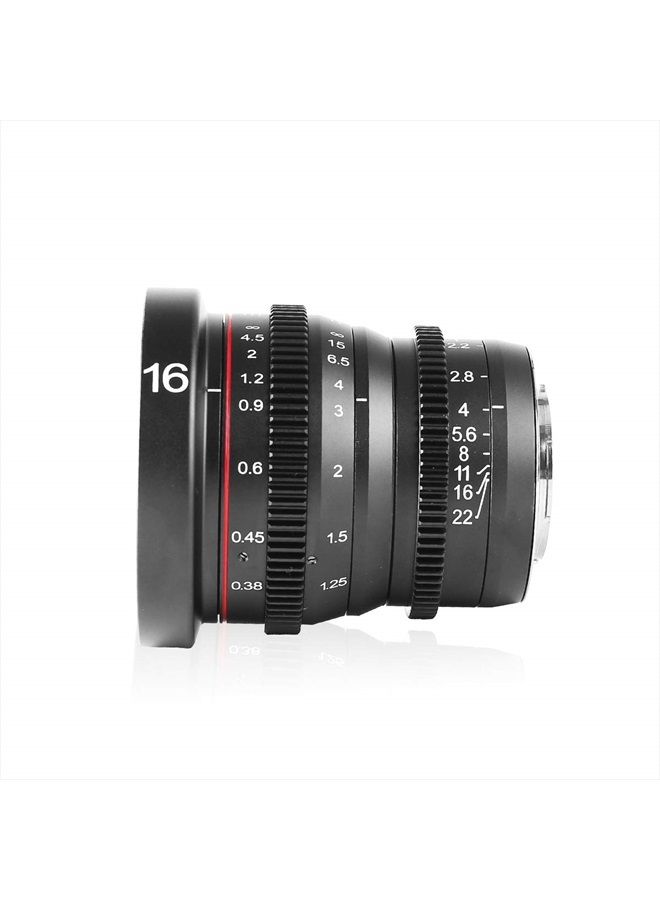 16mm T2.2 Manual Focus Wide Angle Fixed Prime Cinema Lens for M43 Micro Four Thirds MFT Mount Cameras and Cinema Camera BMPCC