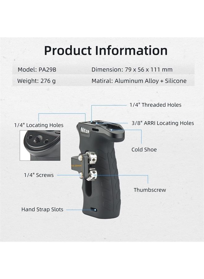 Ergonomic Side Handle with 1/4” Screws, Rubberized Aluminum Left/Right Side Handle for Camera and Monitor Rigs - PA29B
